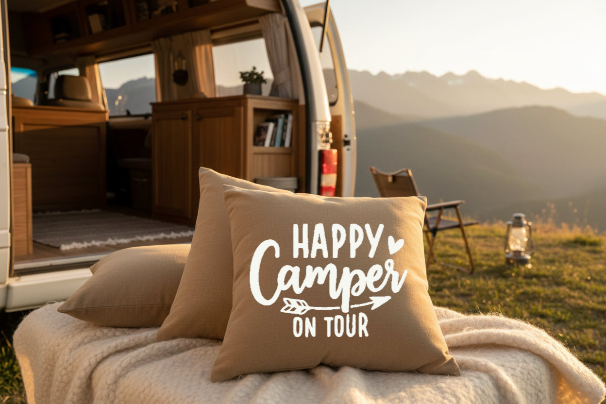 Kissen mit DTF-Druck - Happy Camper on Tour