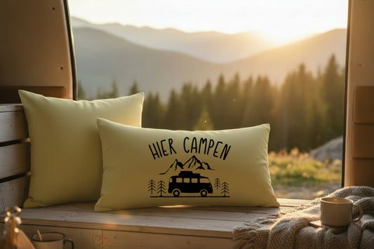 Kissen mit DTF-Druck - Hier Campen