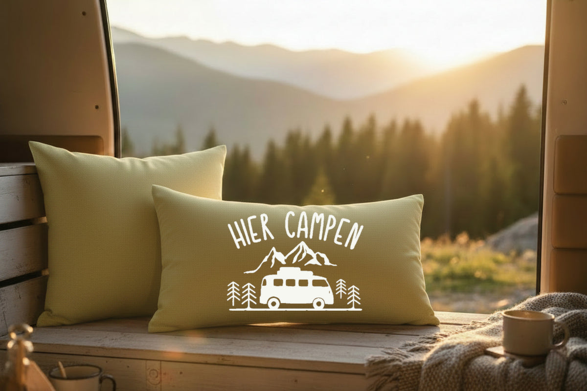 Kissen mit DTF-Druck - Hier Campen