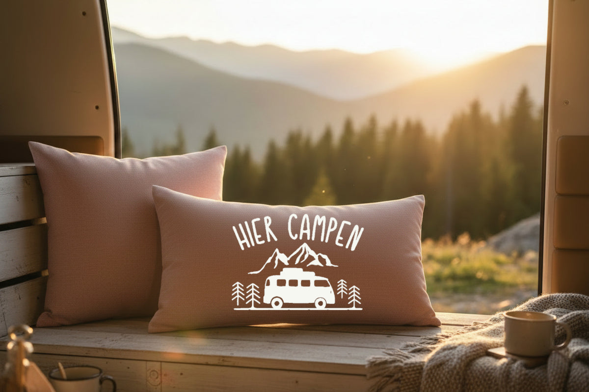 Kissen mit DTF-Druck - Hier Campen